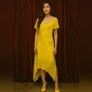 Women's Yellow Chiffon dress, Size Small. Beaded Detail. Asymmetrical Hem